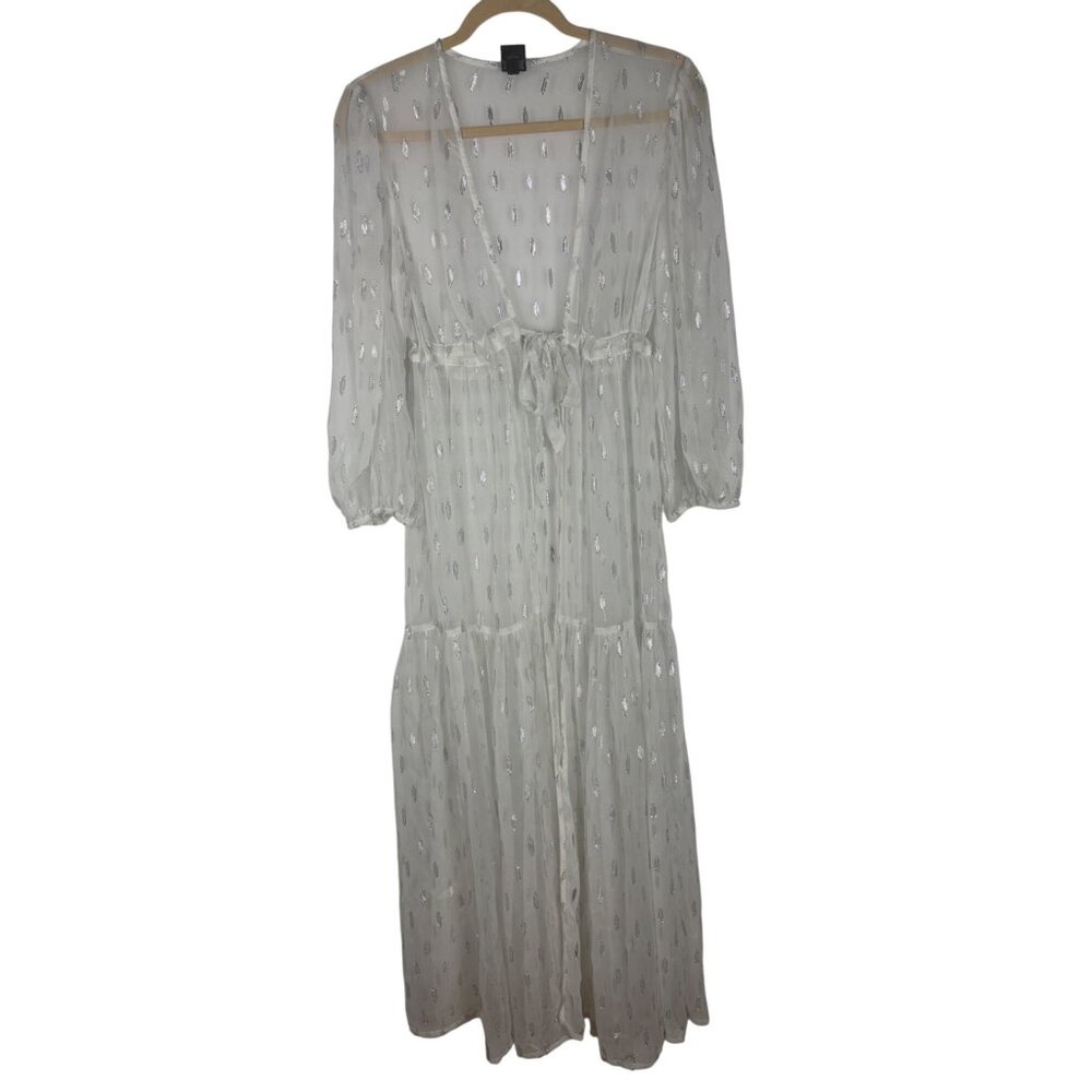 Express S/M White Sheer Kimono Robe top Metallic Silver Leaf Pattern & Tie Waist